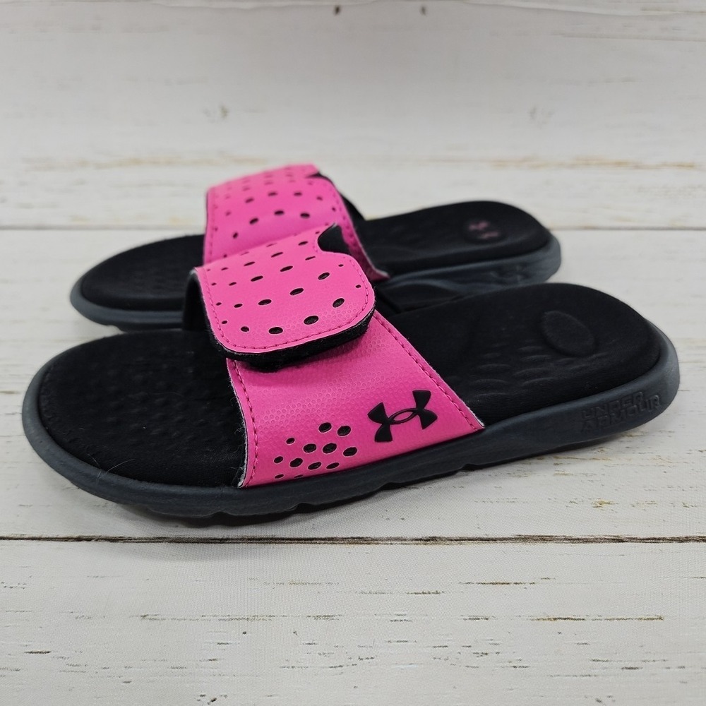 Under Armour Ignite Pro Slides Girls 13K Black Pink Adjustable Strap 3026039